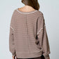 Pepper Stripe Split Neck Long Sleeve Seam Detail Knit Top