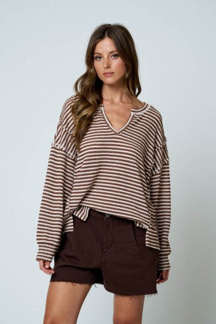 Pepper Stripe Split Neck Long Sleeve Seam Detail Knit Top