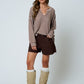 Pepper Stripe Split Neck Long Sleeve Seam Detail Knit Top