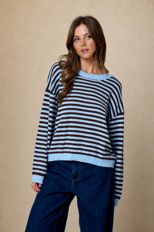 Swift Stripe Relaxed Back Button Detail Knit Sweater