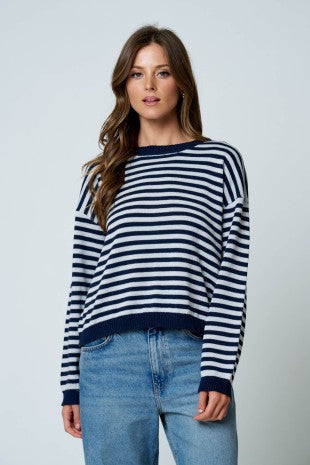 Swift Stripe Relaxed Back Button Detail Knit Sweater