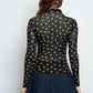 Thrill Polka Dot Mesh Mock Neck Long Sleeve Knit Top