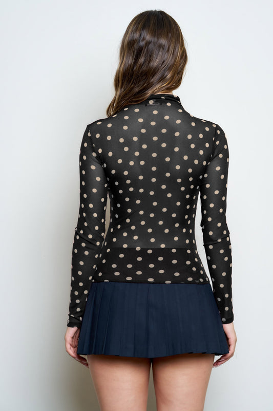 Thrill Polka Dot Mesh Mock Neck Long Sleeve Knit Top