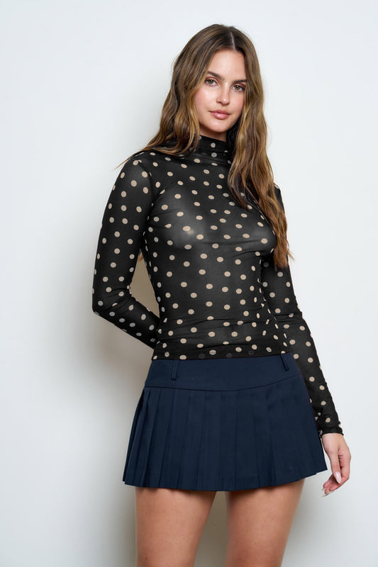 Thrill Polka Dot Mesh Mock Neck Long Sleeve Knit Top