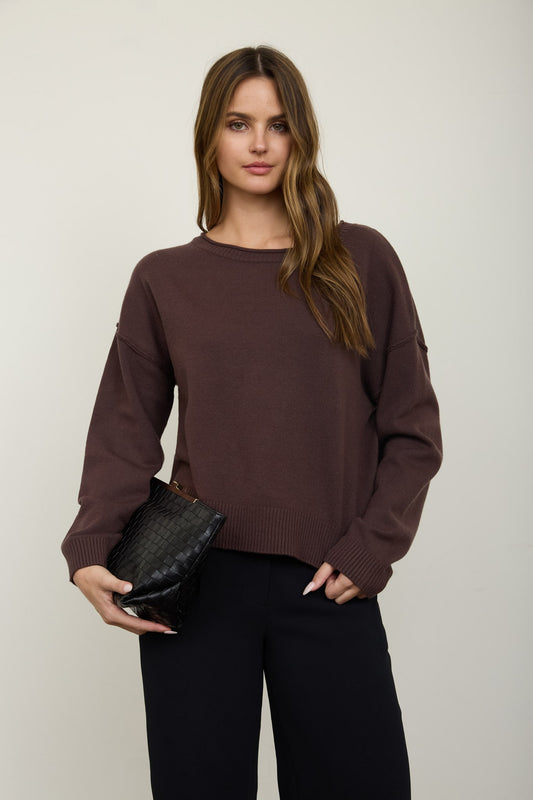 Boat Neck Raw Edge Knit Pullover Sweater