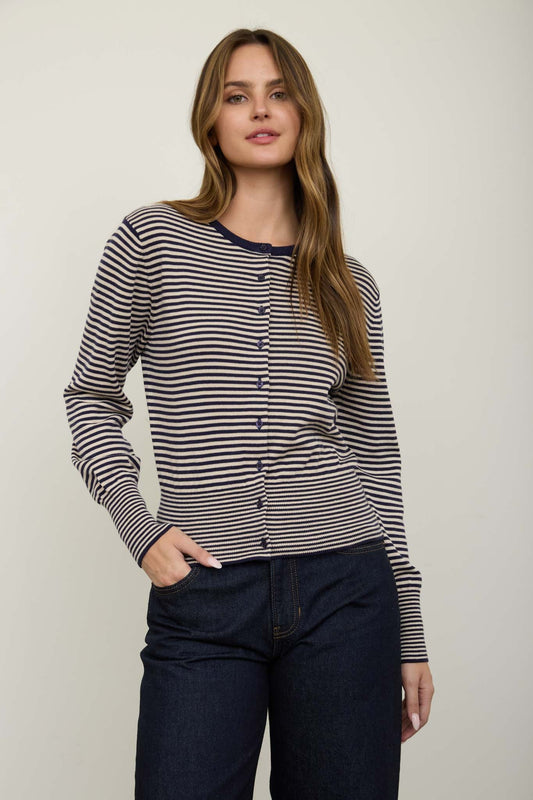 Chase Stripe Round Neck Button Down Ribbed Hem Cardigan