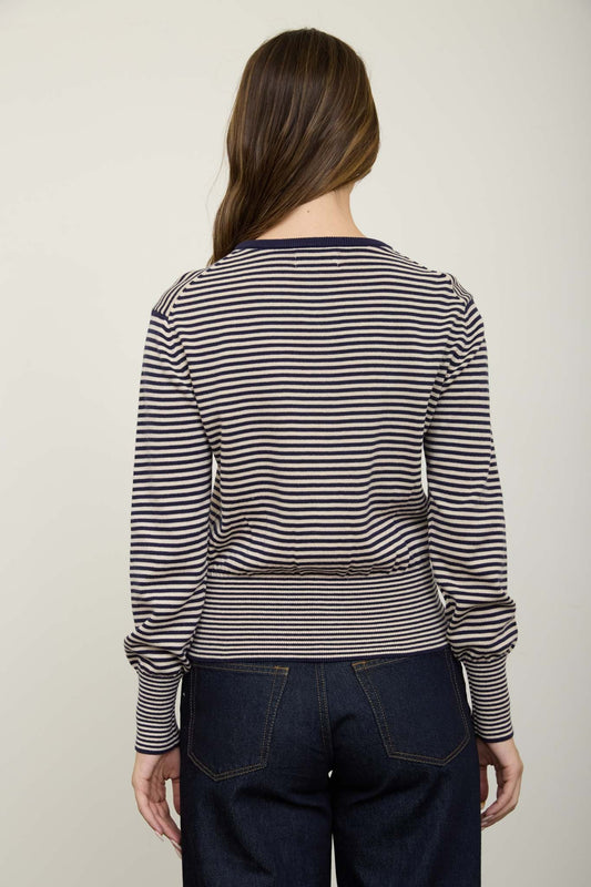 Chase Stripe Round Neck Button Down Ribbed Hem Cardigan