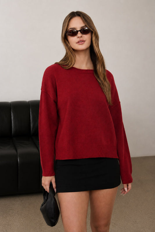 Boat Neck Raw Edge Knit Pullover Sweater