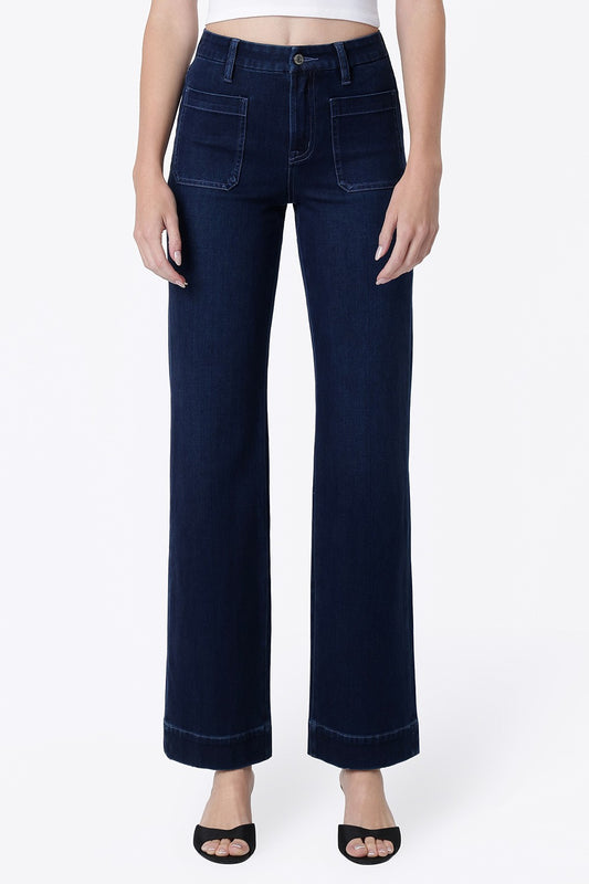 Calm Blue High Rise Patch Pocket Dark Blue Tint Slim Wide Jeans by Flying Monkey