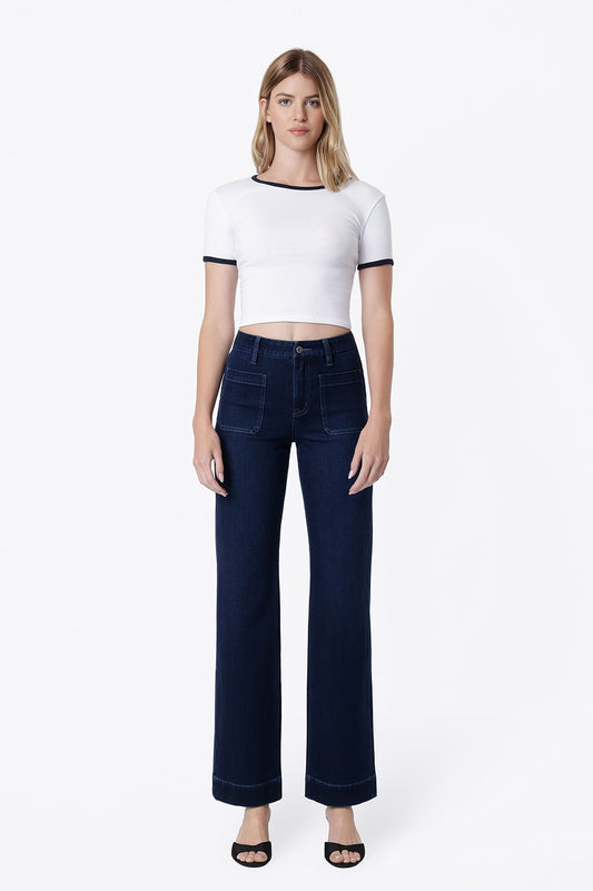 Calm Blue High Rise Patch Pocket Dark Blue Tint Slim Wide Jeans by Flying Monkey