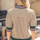 Golden Quarter Button Stripe Band Checker Print Knit Top