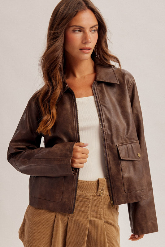 Utility Jacket Collared Faux Leather Zipper Front Utility Jack