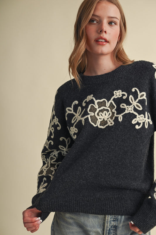 Apology Contrast Knit Floral Embroidery Sweater