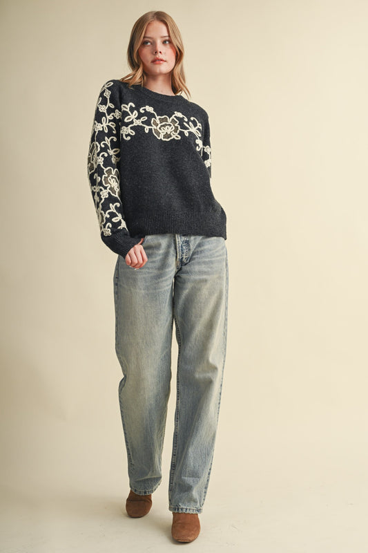 Apology Contrast Knit Floral Embroidery Sweater