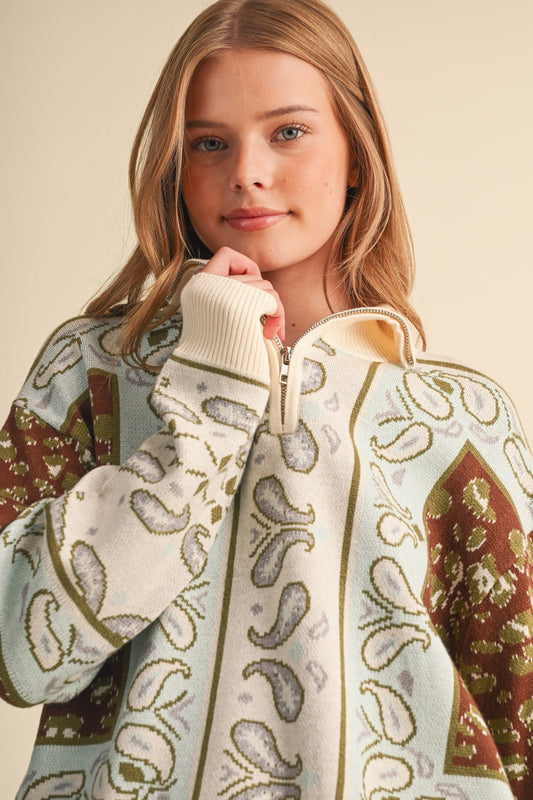Paisley Knit Mock Neck Half Zip Pullover Sweater