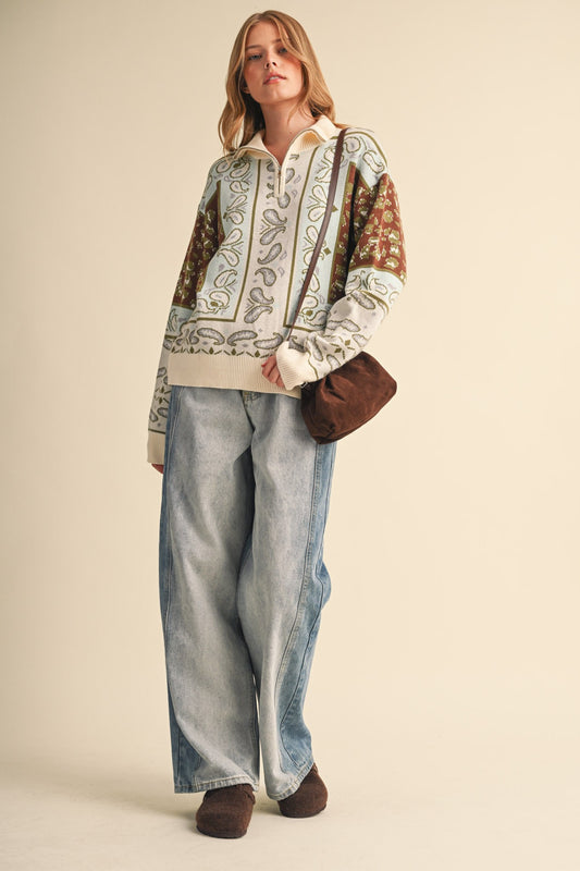 Paisley Knit Mock Neck Half Zip Pullover Sweater