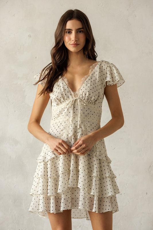 Taos Polka Dot Lace Trim Tiered Mini Dress
