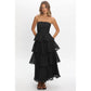 Elegance Black Polka Dot Strapless Tiered Maxi Dress