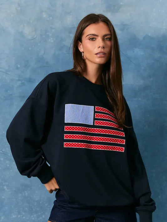USA Flag Long Sleeve Crew Neck Oversized Sweatshirt