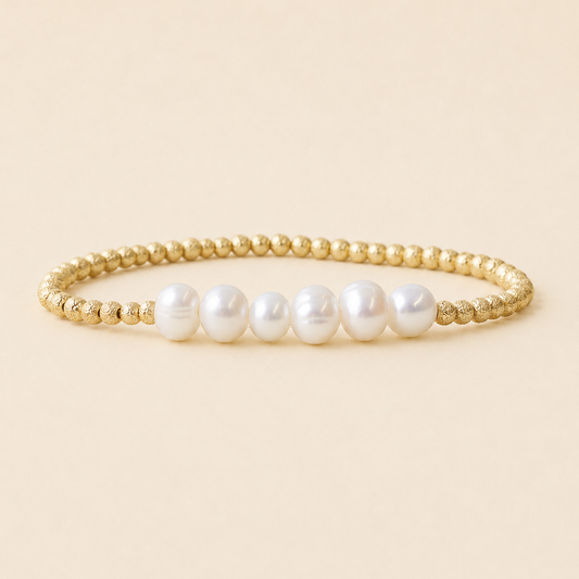 Tarnish Resistant Pearl & Gold Beaded Stretch Bracelet, Row