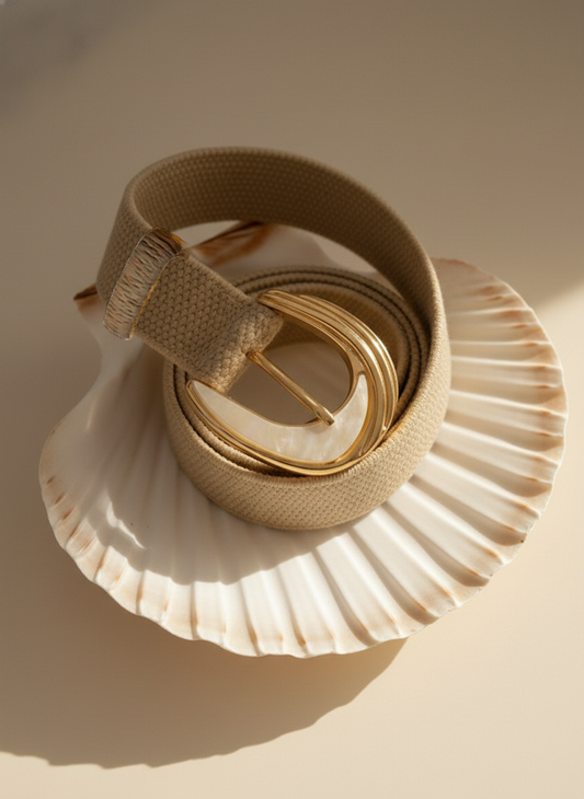 Two-Tone Sculpted Curve Buckle Raffia Belt