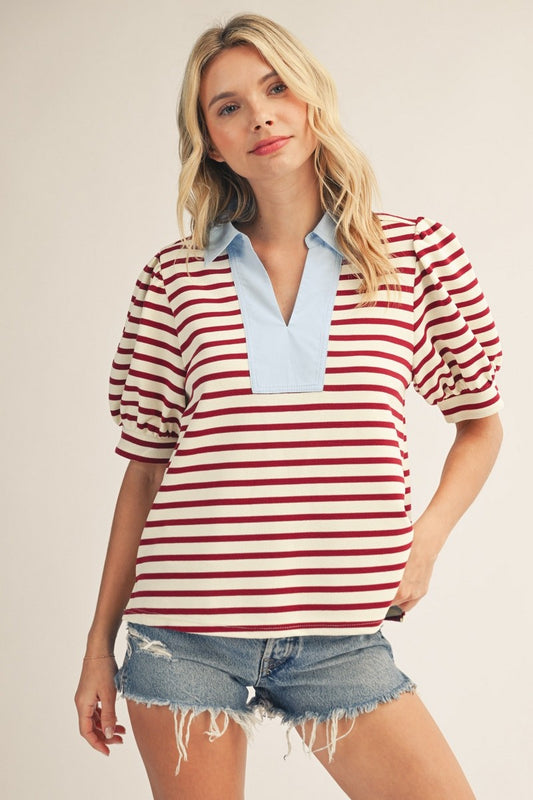 Andy Solid Contrast Detail Stripe Top