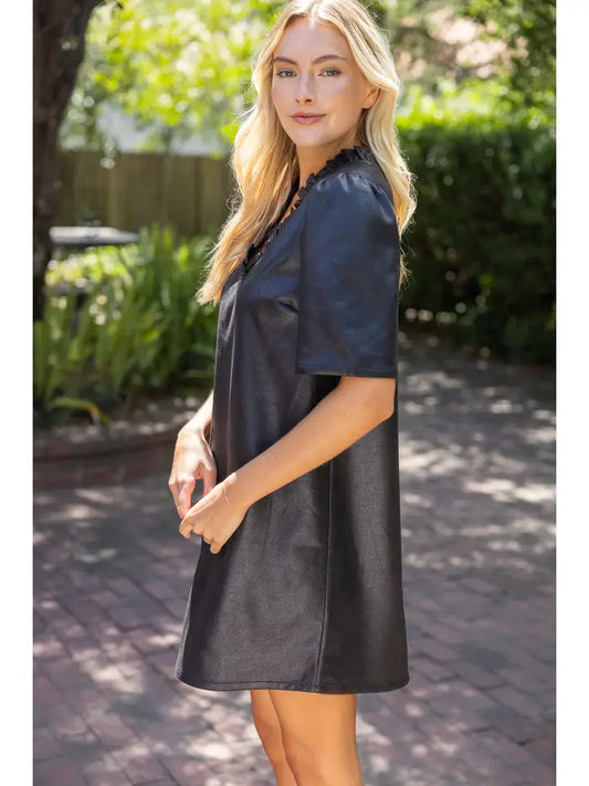 Ruffled V-Neck Solid Faux Leather Shift Dress