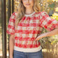 Eternal Solid Ribbed Band Bubble Sleeve Plaid  Top