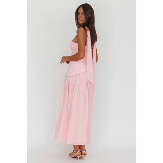 Ashley Strapless Bandeau Halter Pink Maxi Dress