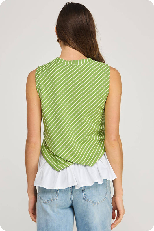 Georgetown Wrap-Over Mixed Media Sleeveless Striped Knit Top