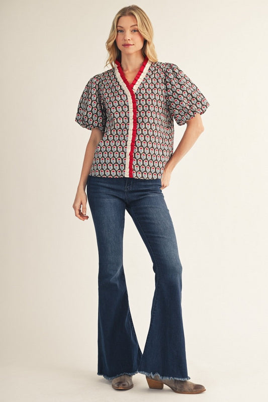 Follow Color Contrast Ruffle Detail Floral Top