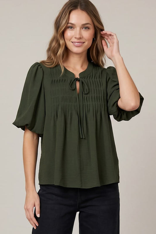 Sierra Puff Sleeve Pintuck Detail With Neck Tied Woven Top