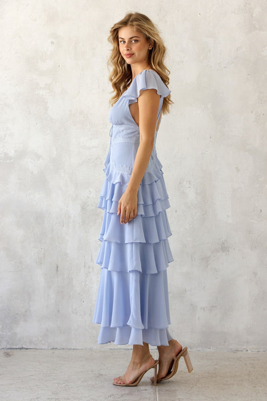Santa Fe Lace Trim Tiered Ruffle Maxi Dress
