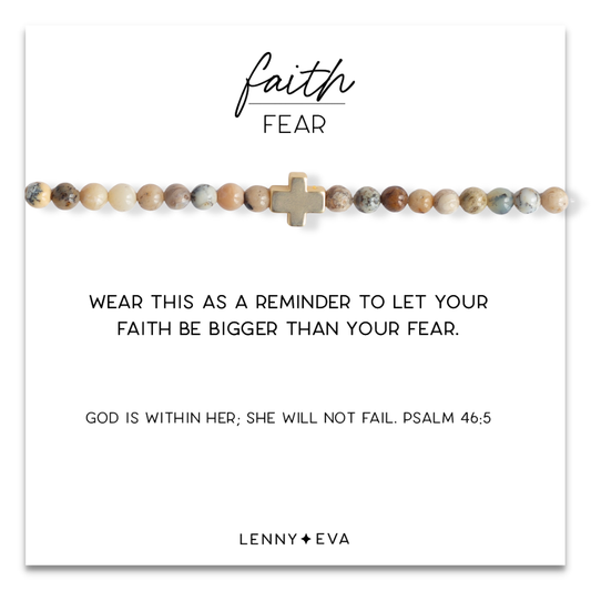Faith Over Fear Feldspar Stretch Bracelet w/ Cross