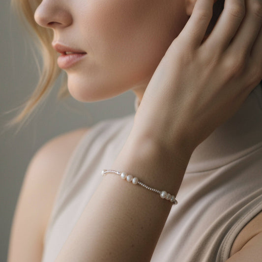 Trio Silver Plated Beaded Stretch Bracelet with Pearls
