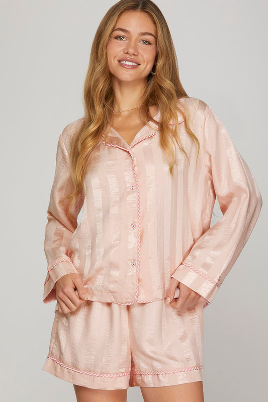 Blush Satin Sleep Set Long Sleeve Top and Shorts
