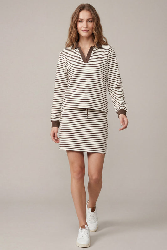 Olympic Long Sleeve Collared Knit Striped Top
