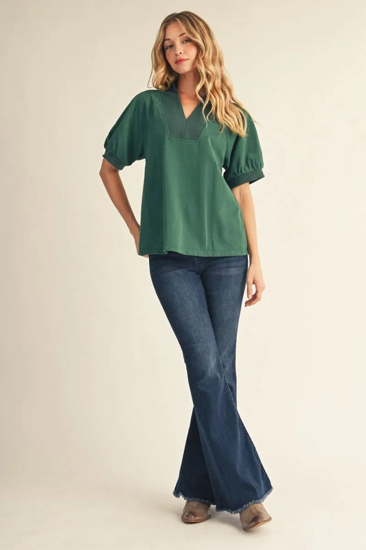 Valley Short Raglan V Neck Solid Top with Rib Contrast