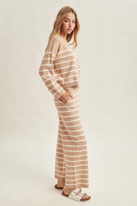 Coffee Pants Striped with Elastic Waistband and Side Pockets
