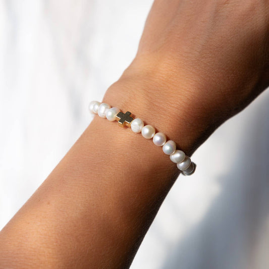 Faith Over Fear Freshwater Pearl Cross Beaded Bracelet