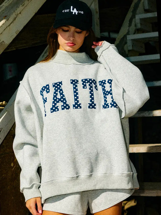 Faith Embroidered Polka-Dot Mock Neck Sweatshirt