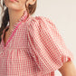 Wyatt Pleated Ruffle Neckline Gingham Check Top