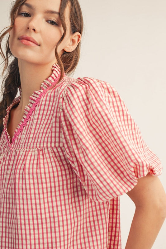 Wyatt Pleated Ruffle Neckline Gingham Check Top