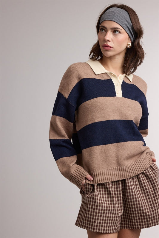 Message Colorblock Stripe Collared Sweater