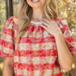 Eternal Solid Ribbed Band Bubble Sleeve Plaid  Top