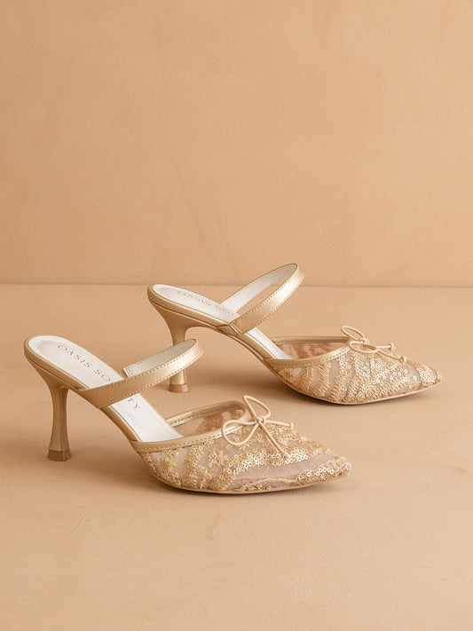 The Katie | Gold Lace Pointed Toe Mid Heel Fall Mule