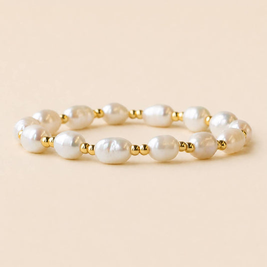 Tarnish Resistant Pearl & Gold Duo Beaded Stretch Bracelet