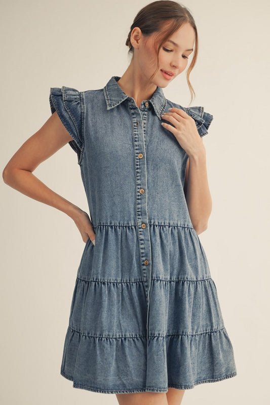 True Button Down Tiered Washed Denim Dress