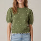 You Short Puff Sleeve Scallop Band Polkadot Sweater Top