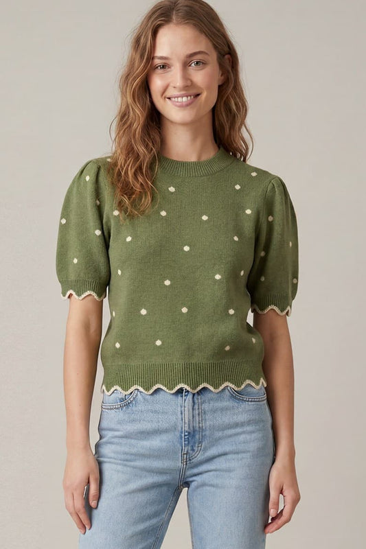 You Short Puff Sleeve Scallop Band Polkadot Sweater Top